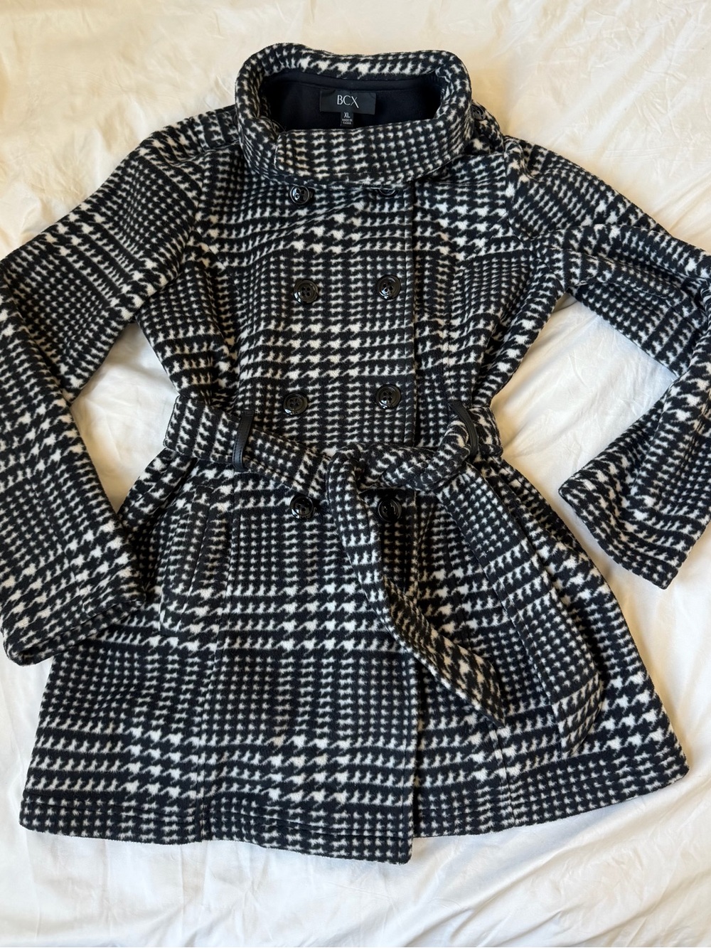 BCX Black & White Houndstooth Peacoat with Waist Tie - Picture 3 of 7